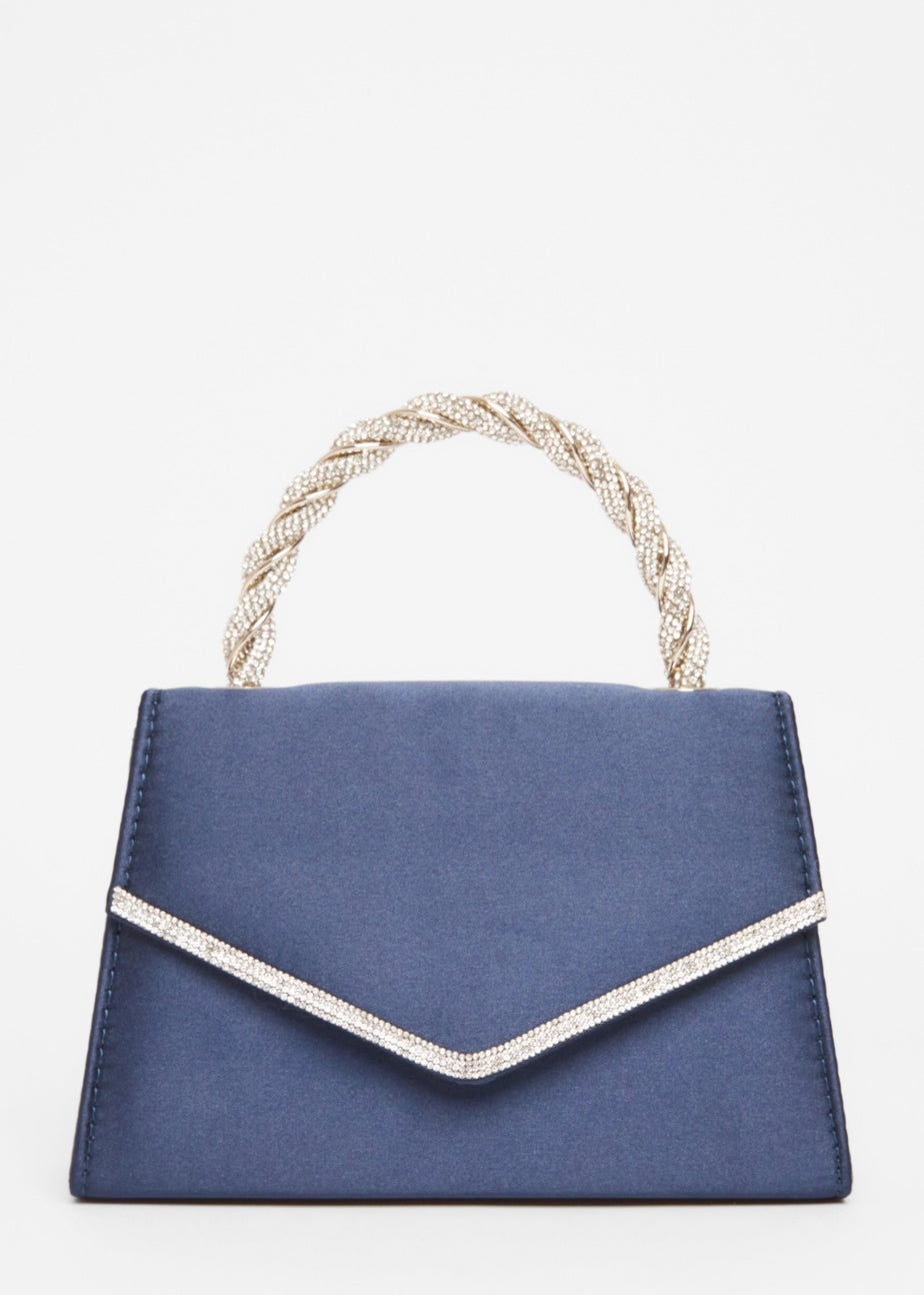 Quiz Navy Diamante Twisted Top Handle Bag
