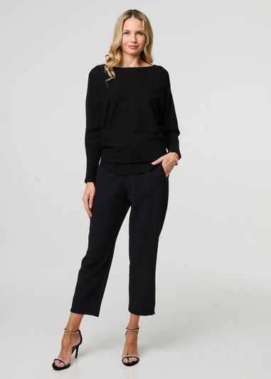 Izabel London Black Lace Trim V-Back Boat Neck Jumper Top