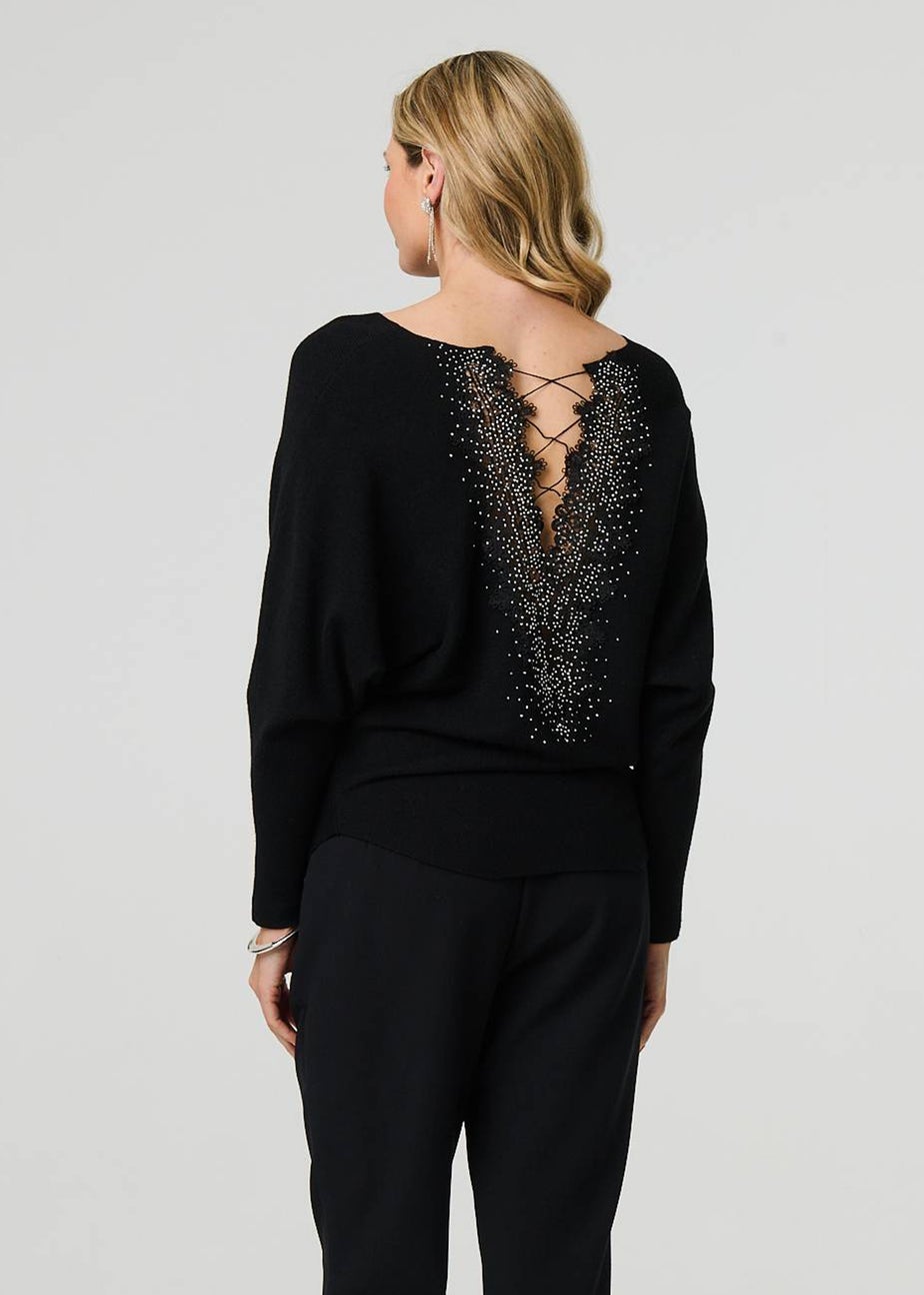 Izabel London Black Lace Trim V-Back Boat Neck Jumper Top
