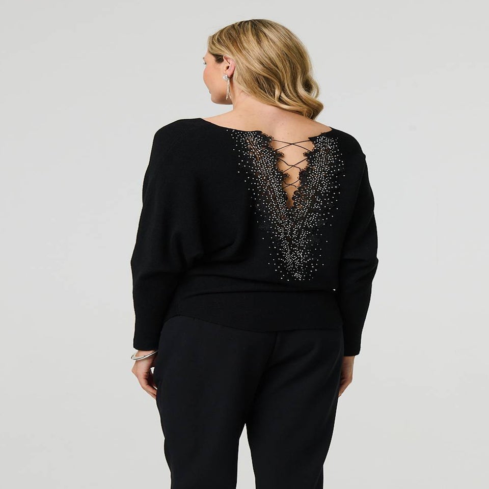 Izabel London Black Lace Trim V-Back Boat Neck Jumper Top