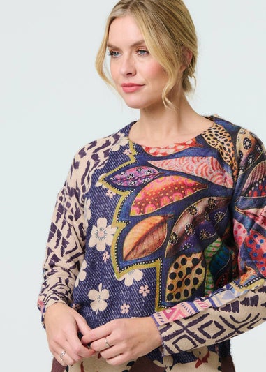 Izabel London Blue Leaf Print Drop Shoulder Jumper