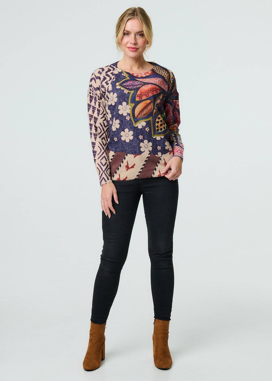 Izabel London Blue Leaf Print Drop Shoulder Jumper