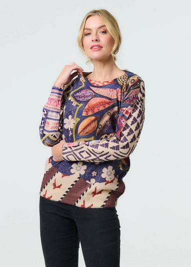 Izabel London Blue Leaf Print Drop Shoulder Jumper