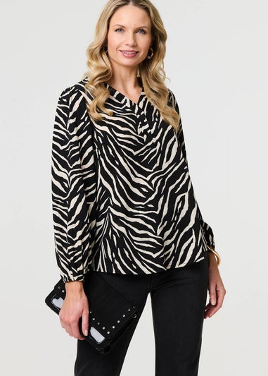 Izabel London Black Zebra Print V-Neck Long Sleeve Blouse