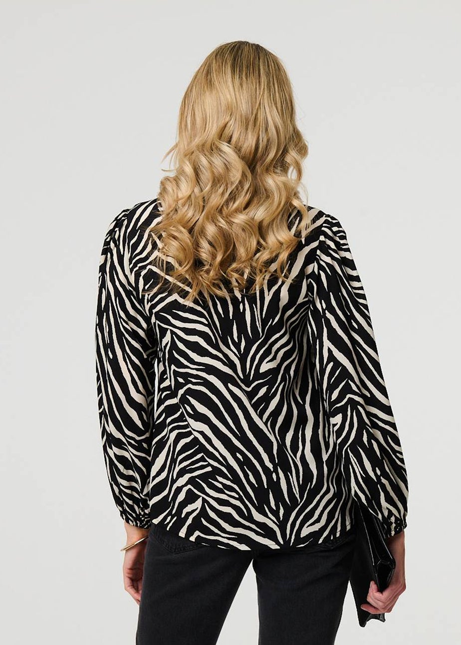 Izabel London Black Zebra Print V-Neck Long Sleeve Blouse