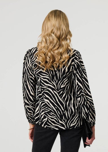 Izabel London Black Zebra Print V-Neck Long Sleeve Blouse