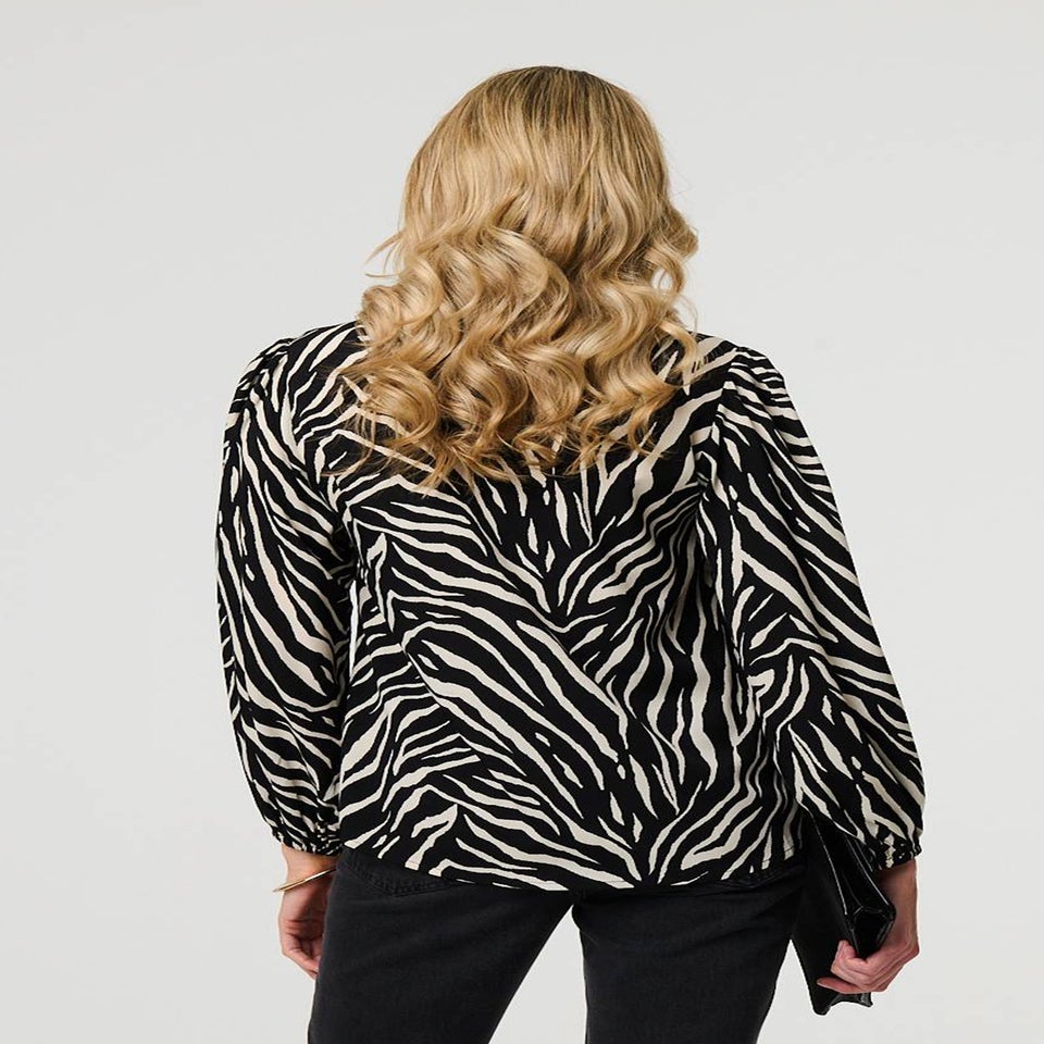 Izabel London Black Zebra Print V-Neck Long Sleeve Blouse