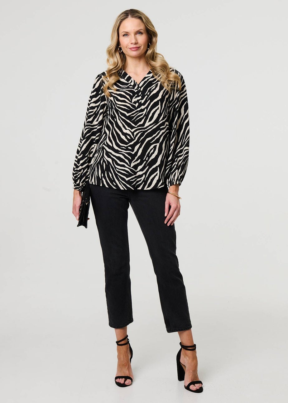 Izabel London Black Zebra Print V-Neck Long Sleeve Blouse
