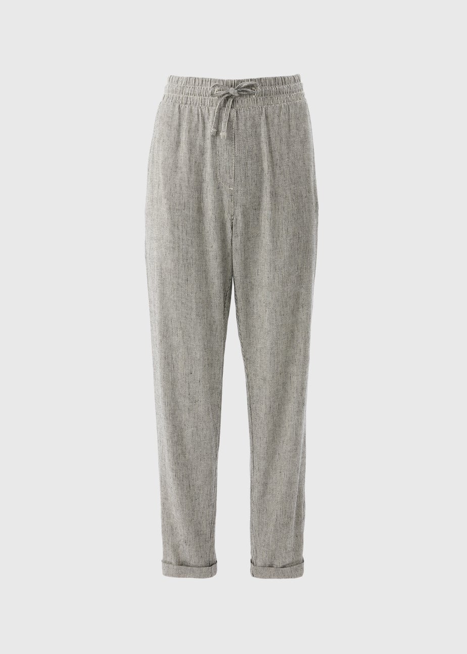 Black Linen Blend Stripe Tapered Trousers