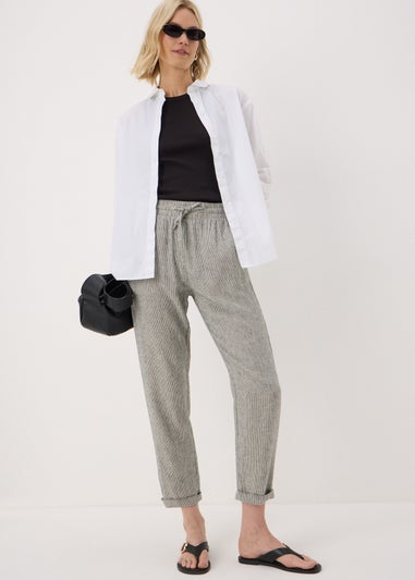 Black Linen Blend Stripe Tapered Trousers