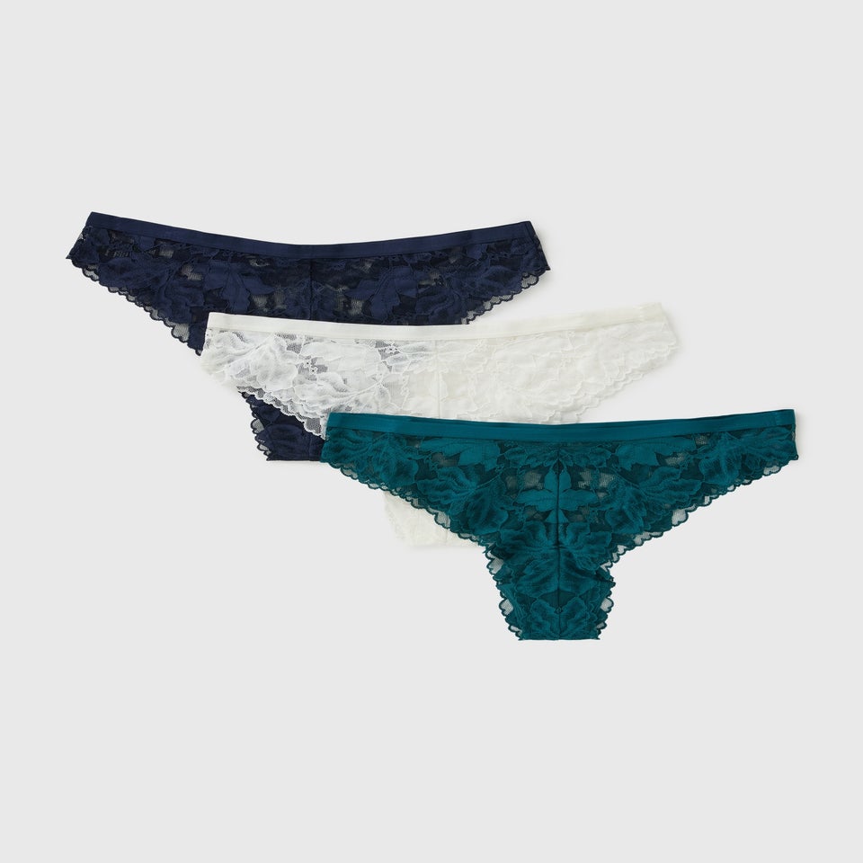 3 Pack Teal & Cream & Navy Lace Brazilian Knickers