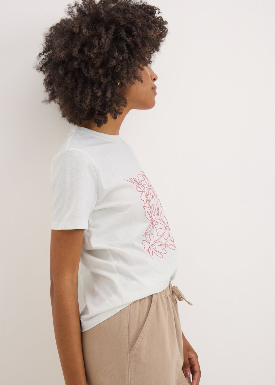 Cream Flower Embellished T-Shirt