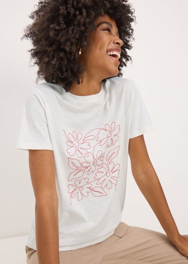 Cream Flower Embellished T-Shirt