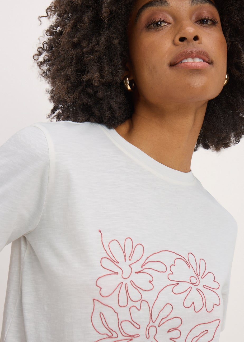 Cream Flower Embellished T-Shirt