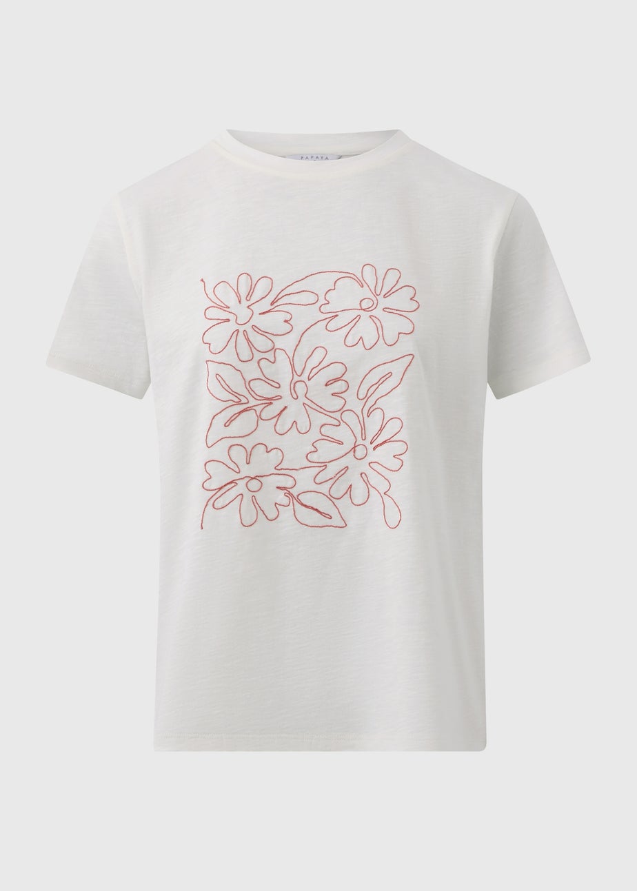 Cream Flower Embellished T-Shirt