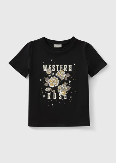 Girls Charcoal Western Rose Print T-Shirt (7-15yrs)