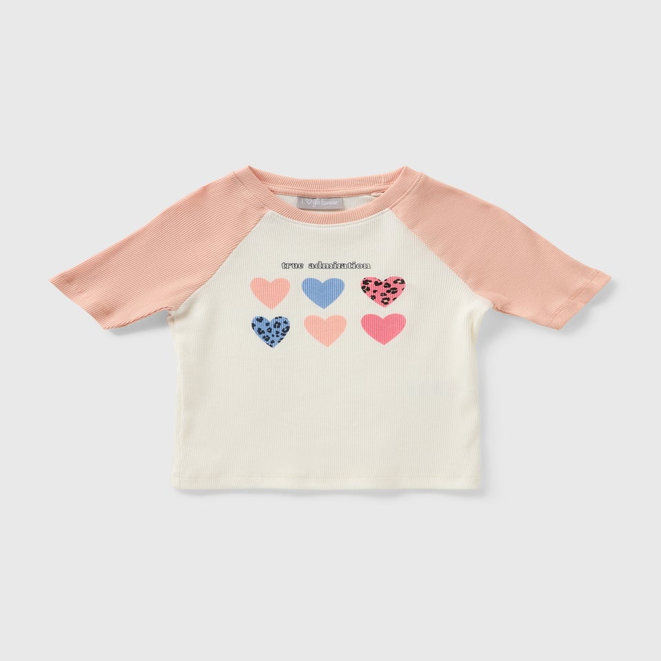 Girls Pink Ringer Hearts T-Shirt (7-15yrs)