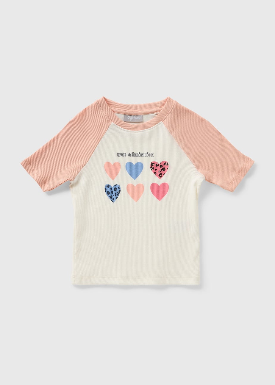 Girls Pink Ringer Hearts T-Shirt (7-15yrs)