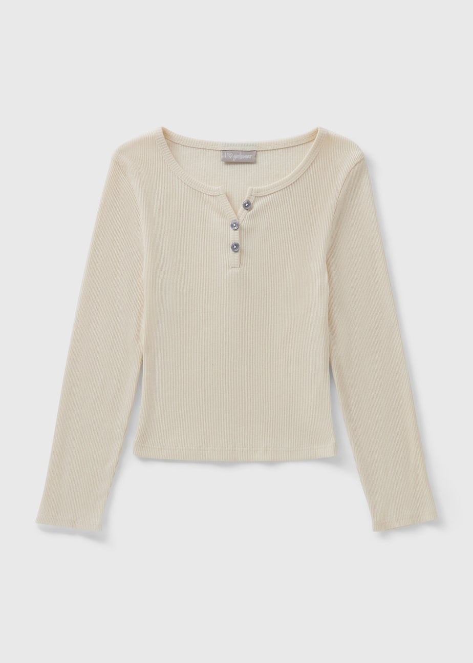 Girls Cream Ribbed Henley Button Top (7-15yrs)