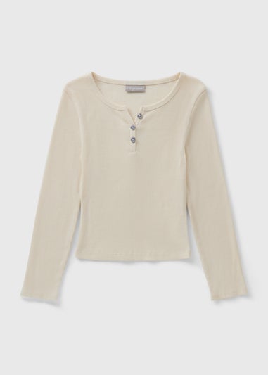 Girls Cream Ribbed Henley Button Top (7-15yrs)