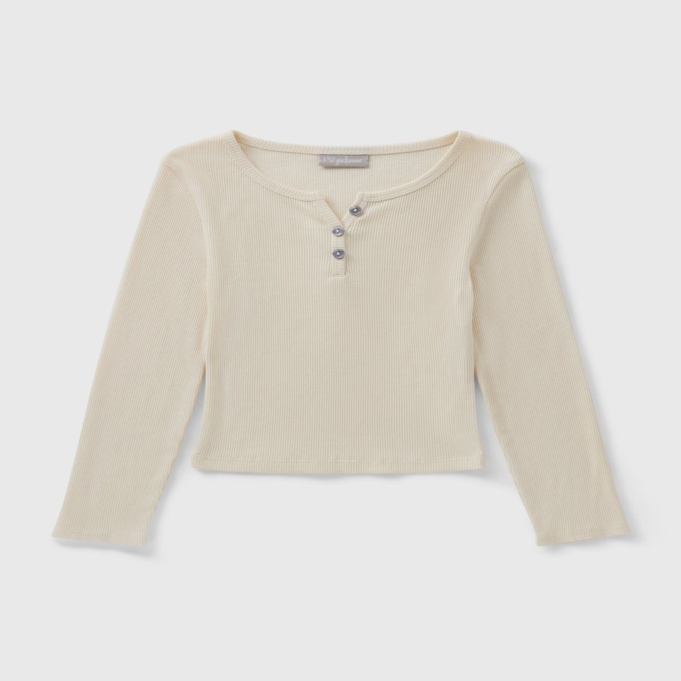 Girls Cream Ribbed Henley Button Top (7-15yrs)