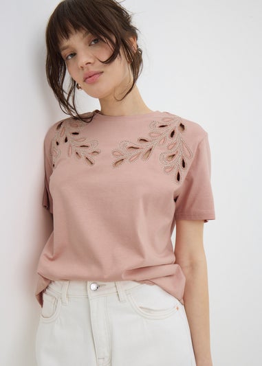 Pink Floral Cut-Out Design T-Shirt