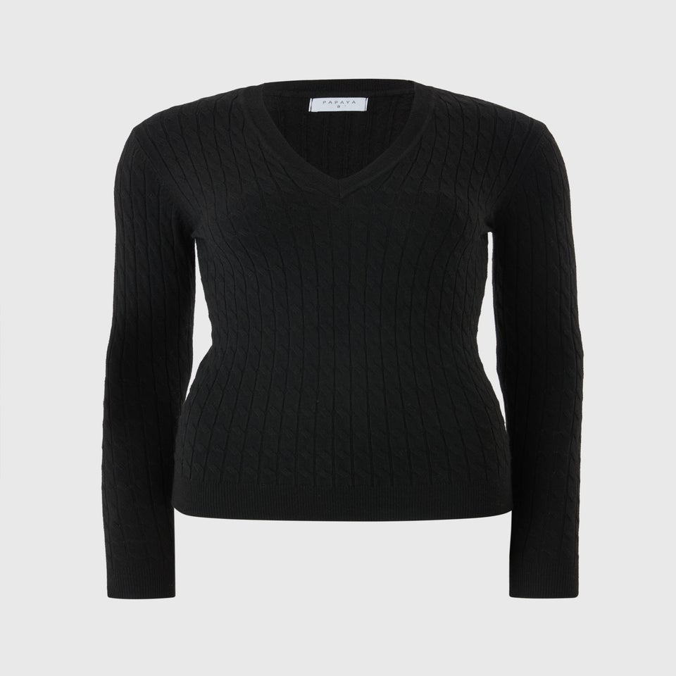 Black Baby Cable V-Neck Jumper
