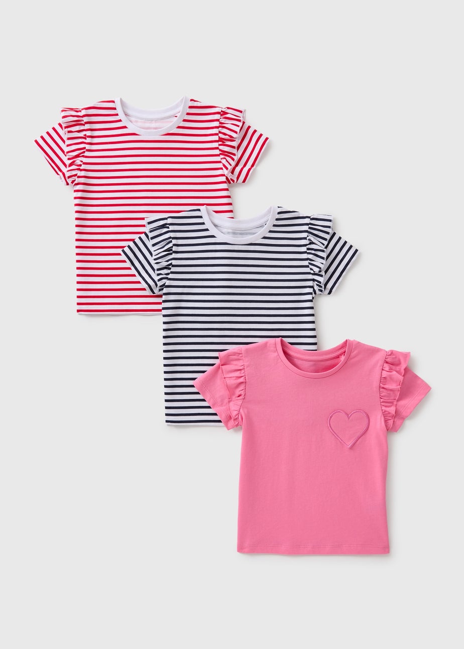 3 Pack Girls Multicolour Stripe Frill T-Shirts (1-7yrs)