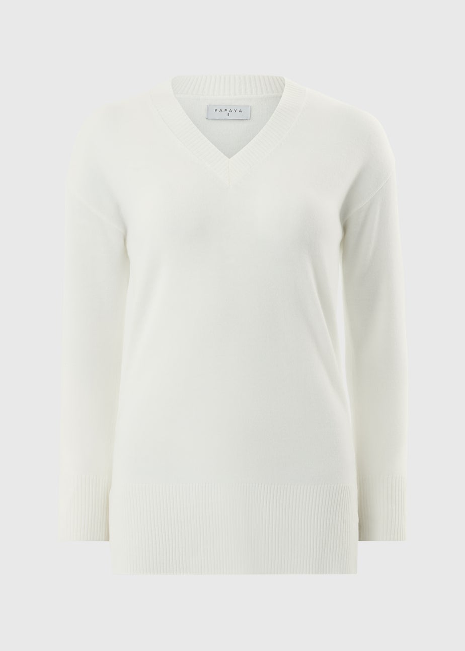 V-neck Plain Cream Jumper