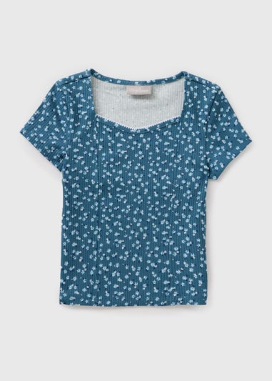 Girls Blue Ditsy Floral T-Shirt (7-15yrs)