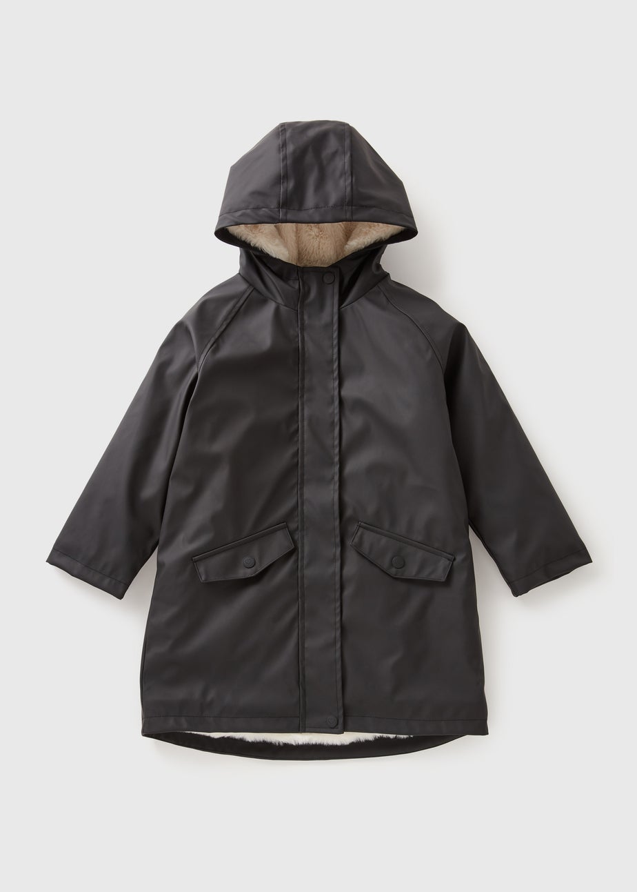 Girls Black Matte Showerproof Fur Lined Mac (7-15yrs)