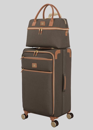 IT Luggage Dark Brown Tan Trim Suitcase