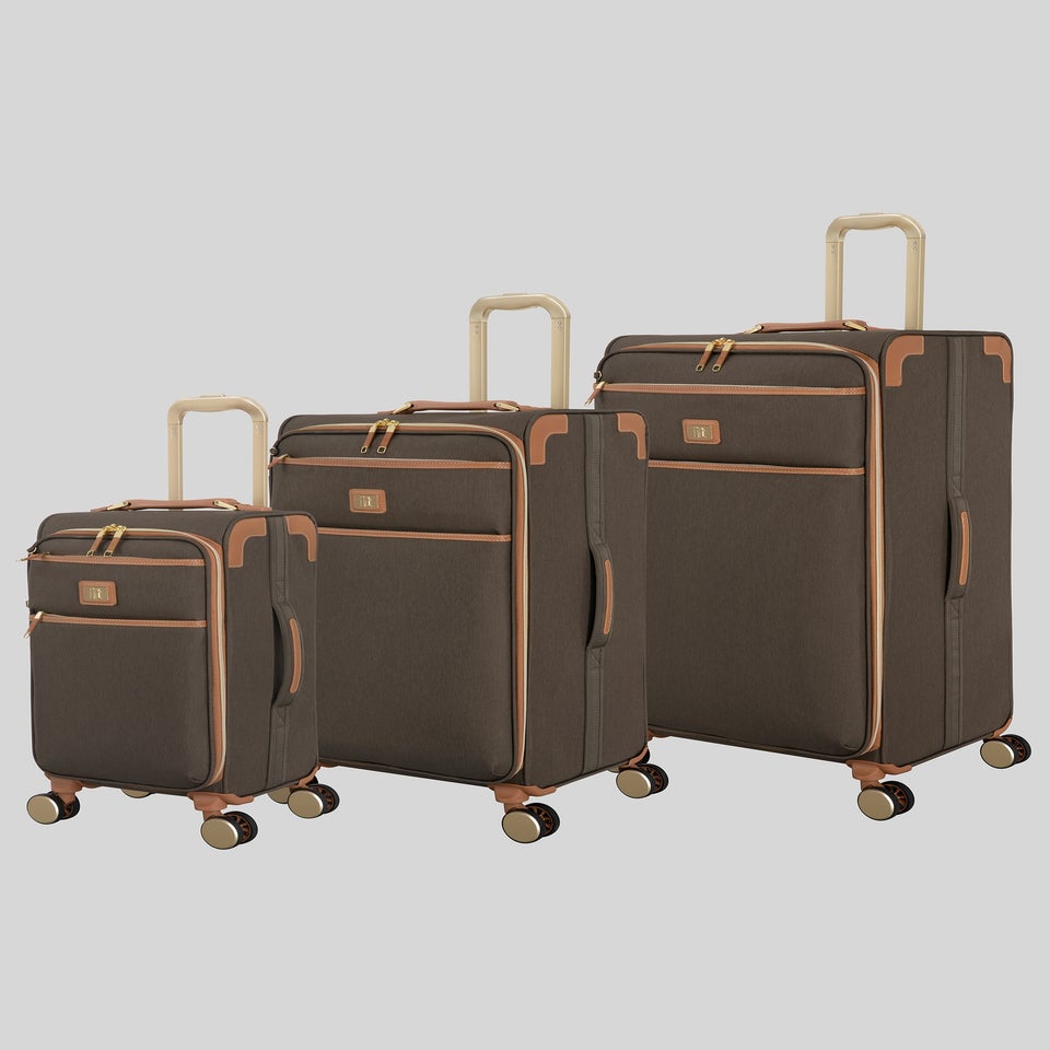 IT Luggage Dark Brown Tan Trim Suitcase
