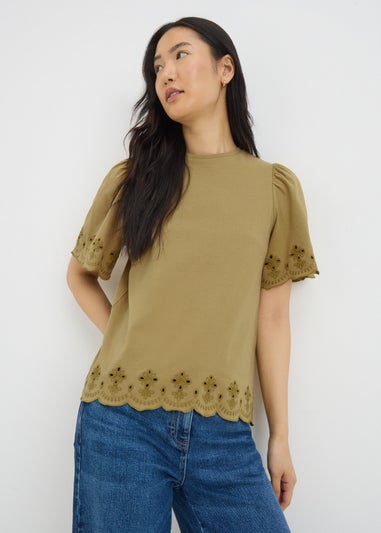 Khaki Floral Cut Out T-Shirt