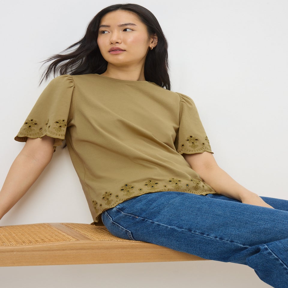 Khaki Floral Cut Out T-Shirt