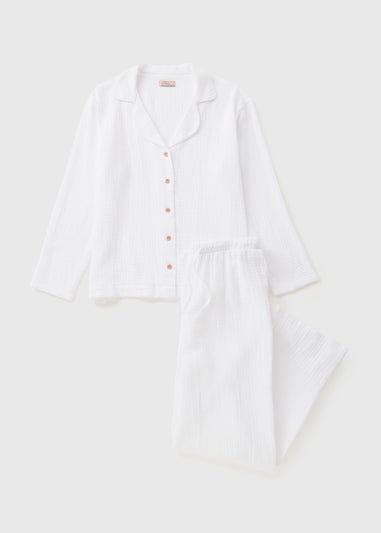 White Double Cloth Long Pyjama Set