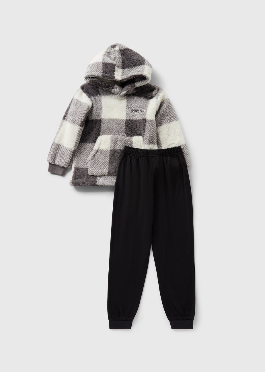 Boys Black Check Fleece Hoodie & Pyjama Set (7-13yrs)