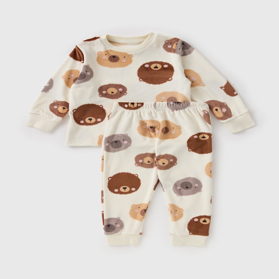 Unisex Beige Bear Fleece Pyjama Set (1-7yrs)