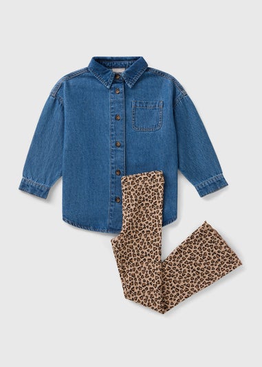 Girls Blue Denim Shirt & Leopard Legging Set (7-15yrs)