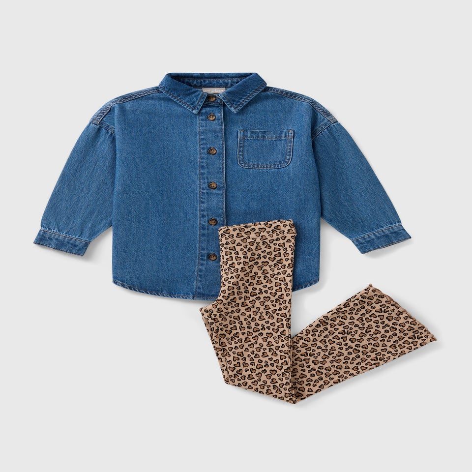 Girls Blue Denim Shirt & Leopard Legging Set (7-15yrs)