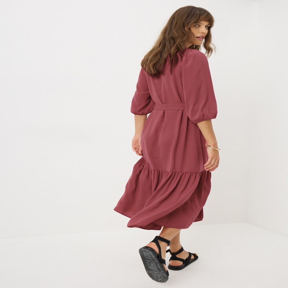 Red Solid Midi Shirt Dress