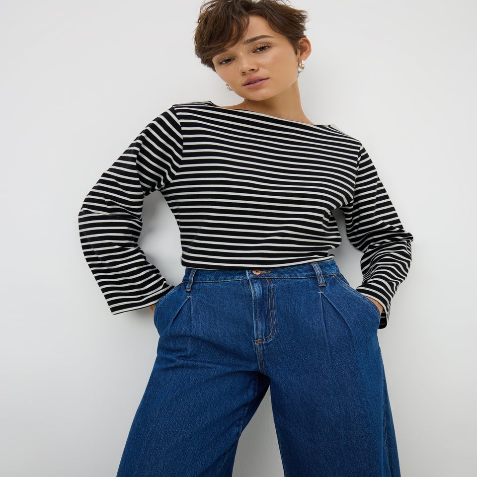 Black Stripe Boat Neck Long Sleeve Top