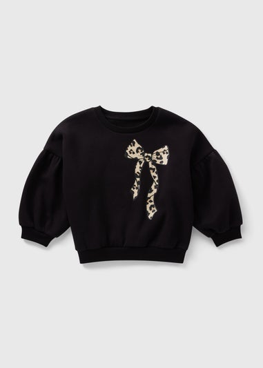 Girls Black Leopard Bow Sweatshirt (1-7yrs)
