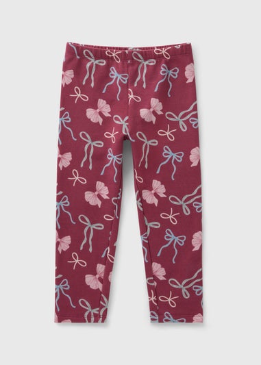 Girls Burgundy Bow Print Brushed Leggings (1-7yrs)
