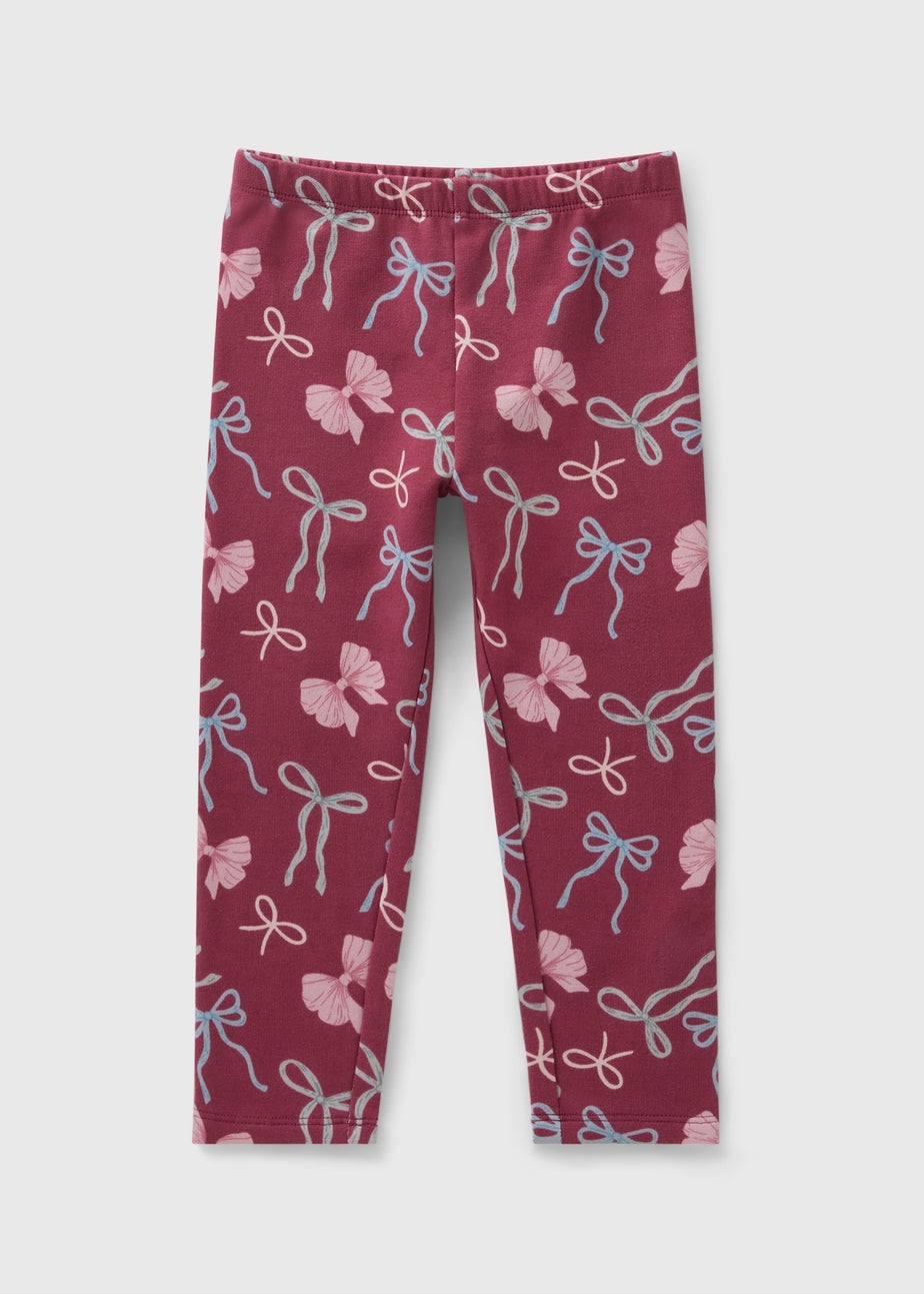 Girls Burgundy Bow Print Brushed Leggings (1-7yrs)