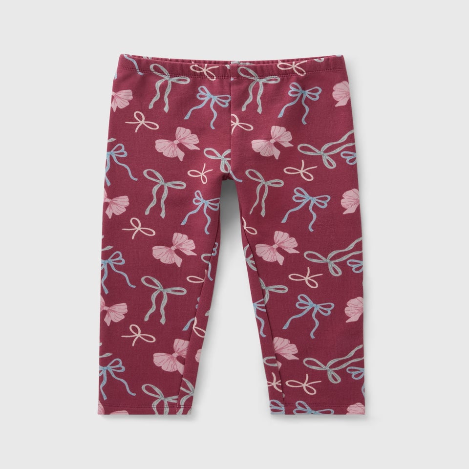 Girls Burgundy Bow Print Brushed Leggings (1-7yrs)