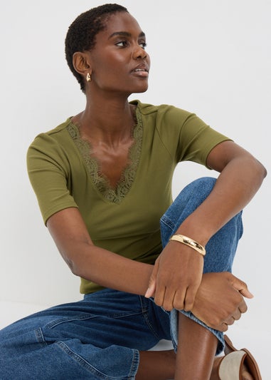 Green Lace Trim Ribbed Top