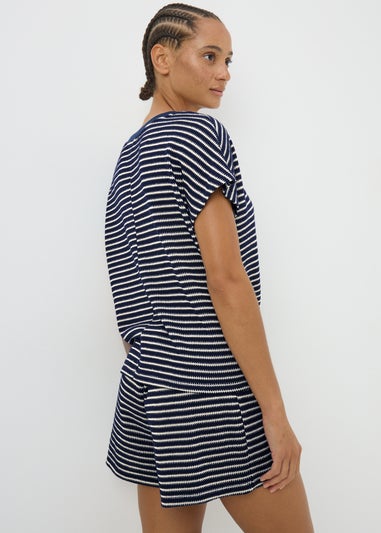 Navy Stripe Textured V Neck Crop Top
