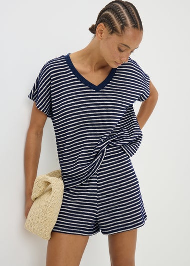Navy Stripe Textured V Neck Crop Top