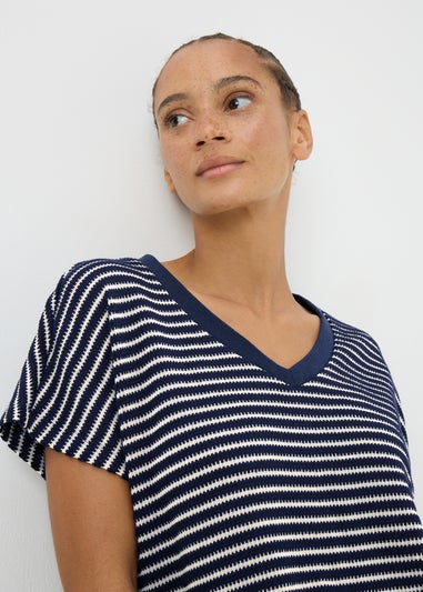 Navy Stripe Textured V Neck Crop Top